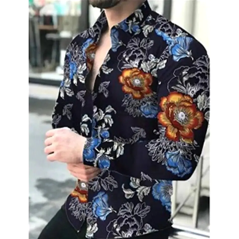 Men's Long Sleeve Print Shirt Slim Fit Lapel Casual Button Shirt S2959307