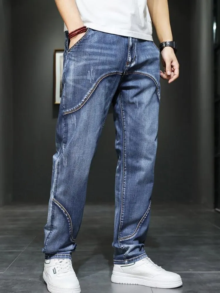 Men's Summer Denim Solid Pattern Mid Waist Loose Straight Leg Jeans