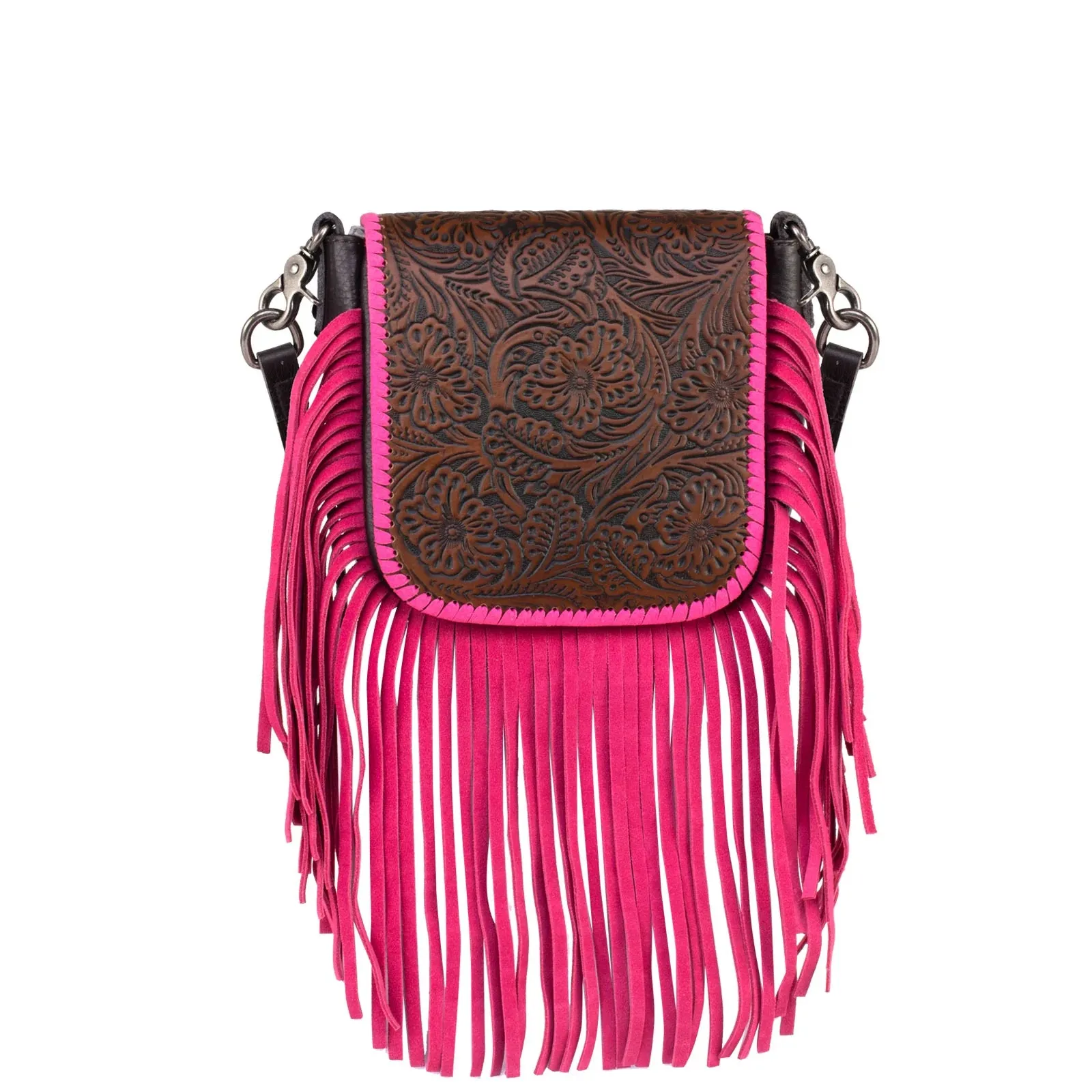 Montana West Genuine Leather Tooled Fringe Crossbody