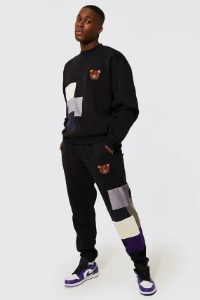 Oversized Patchwork Bear Sweater Tracksuit