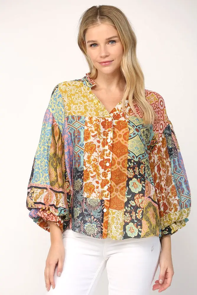 Patchwork Mixed Print Bubble Sleeve Blouse