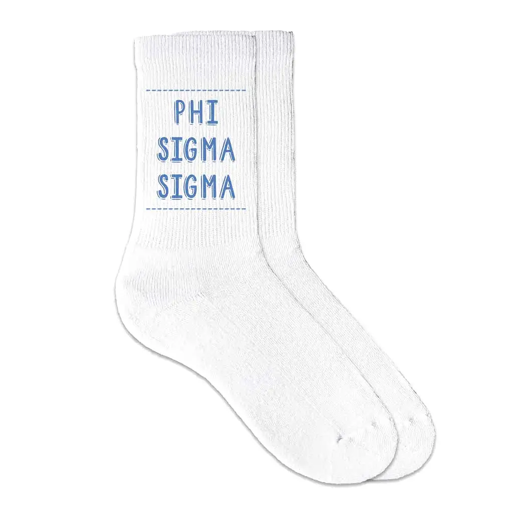 Phi Sigma Sigma Crew Socks with Phi Sigma Sigma Name in Sorority Colors