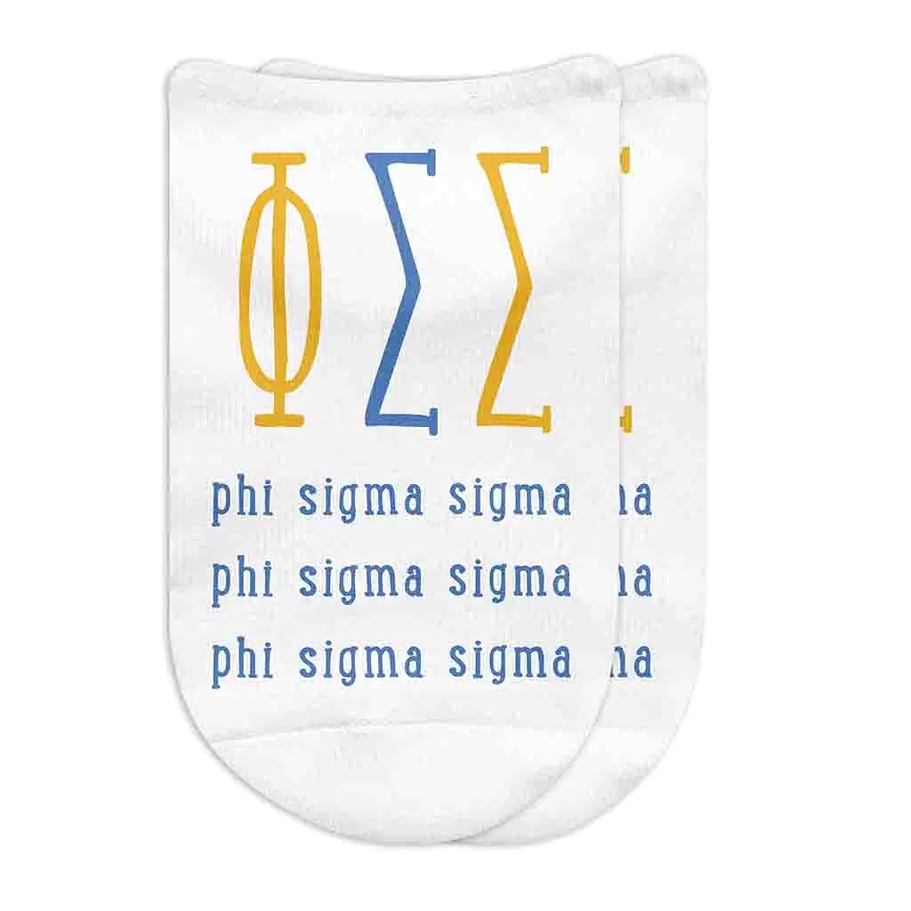 Phi Sigma Sigma Sorority Socks with Large Greek Letters, Printed on No Show Socks