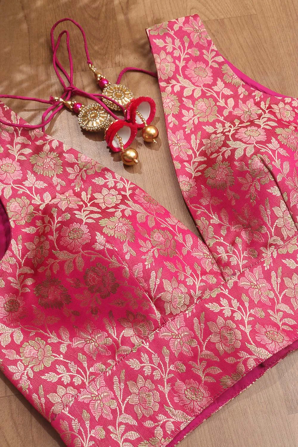 Pink Banarasi Silk Tanchui Jamawar Meenakari Deep V Neck Sleeveless Padded Stitched Blouse