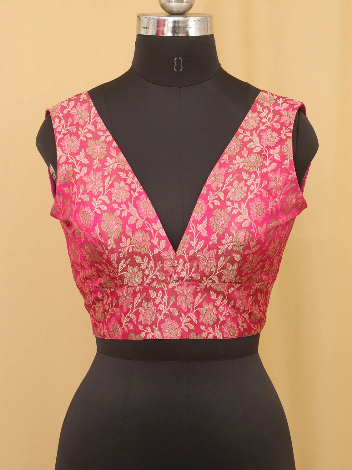 Pink Banarasi Silk Tanchui Jamawar Meenakari Deep V Neck Sleeveless Padded Stitched Blouse