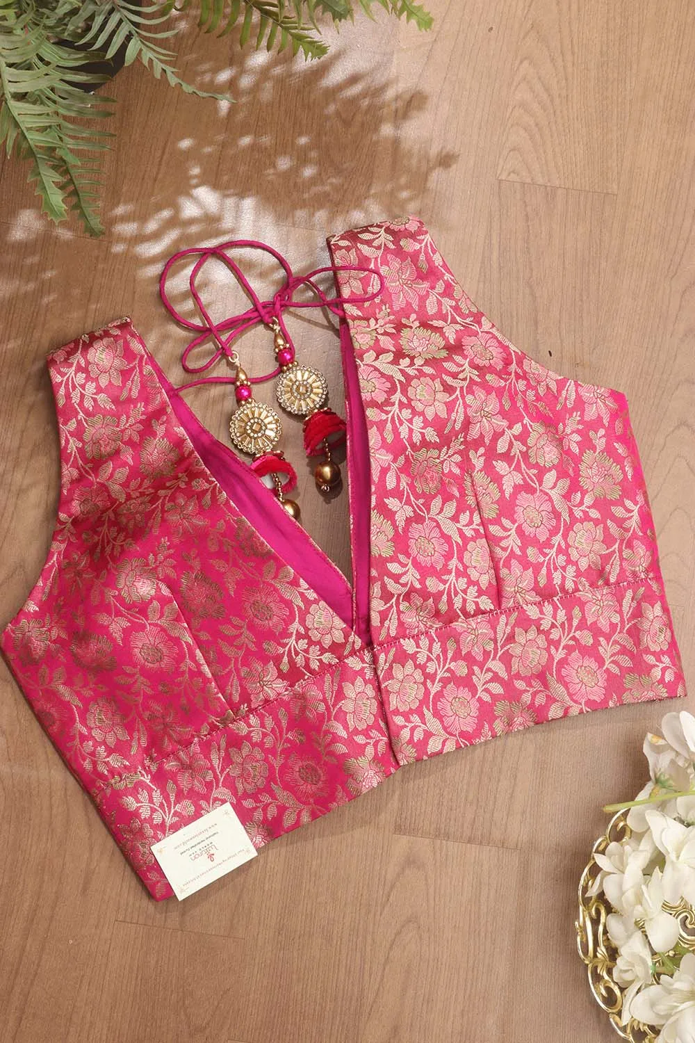 Pink Banarasi Silk Tanchui Jamawar Meenakari Deep V Neck Sleeveless Padded Stitched Blouse