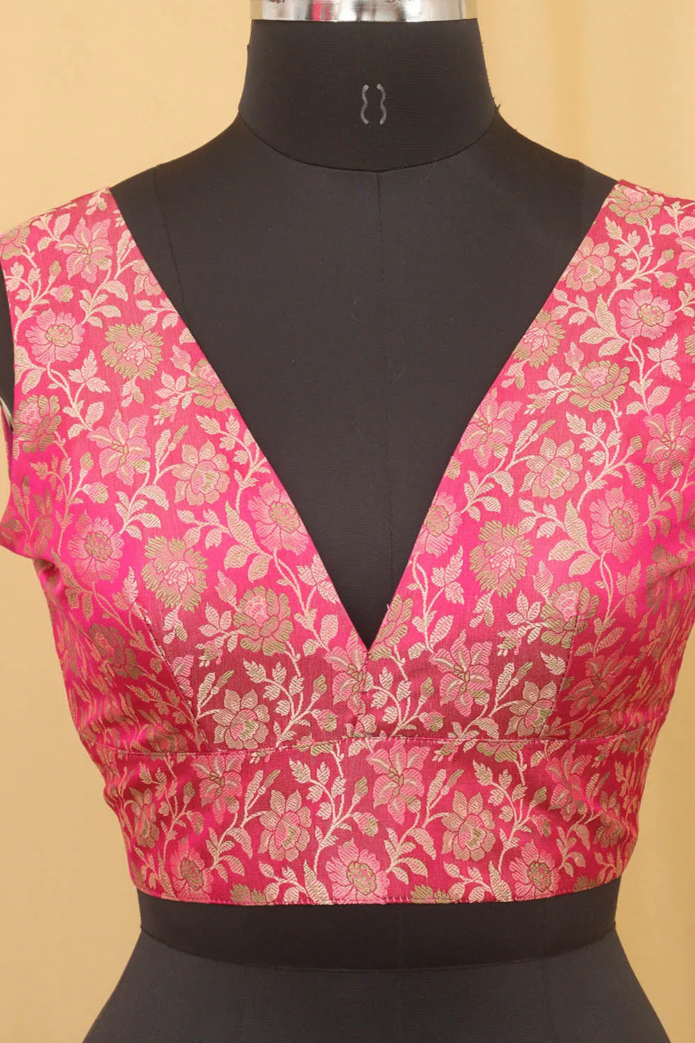 Pink Banarasi Silk Tanchui Jamawar Meenakari Deep V Neck Sleeveless Padded Stitched Blouse