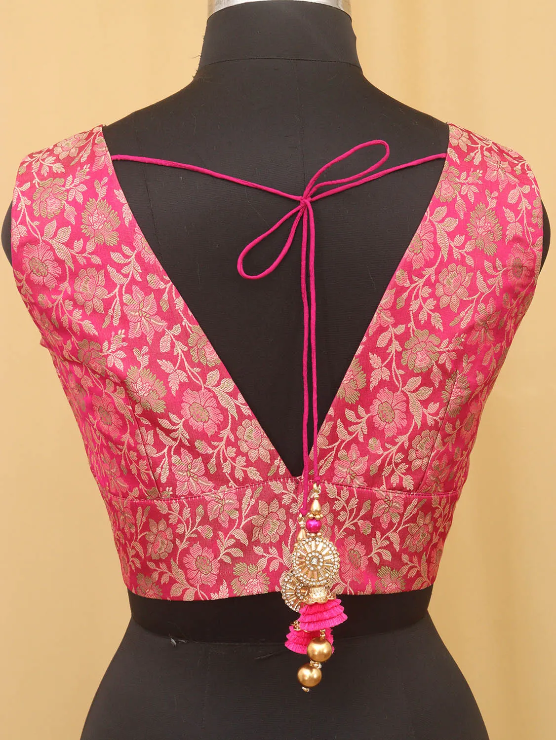 Pink Banarasi Silk Tanchui Jamawar Meenakari Deep V Neck Sleeveless Padded Stitched Blouse