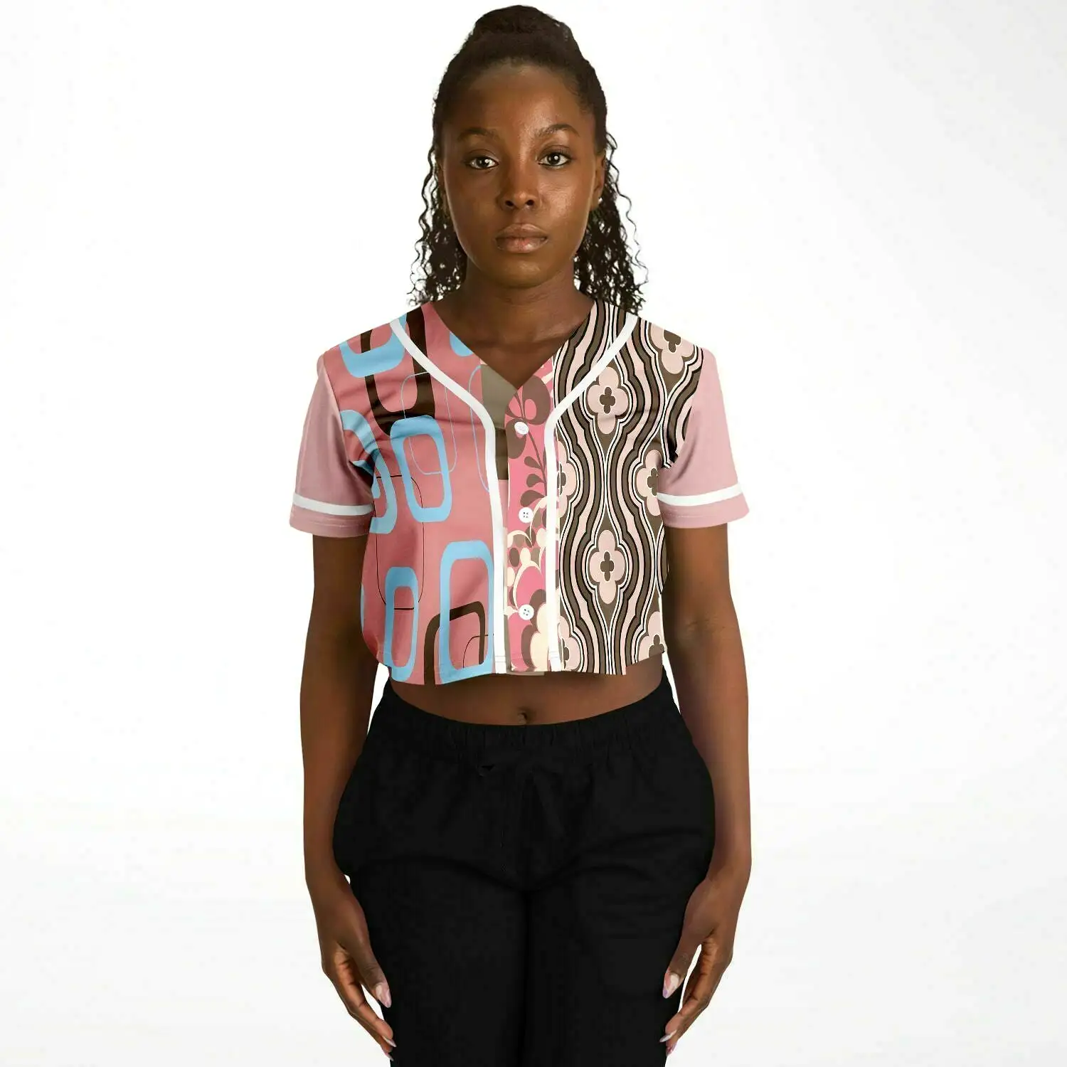 Pink Geo Patchwork Cropped Button Front Jersey