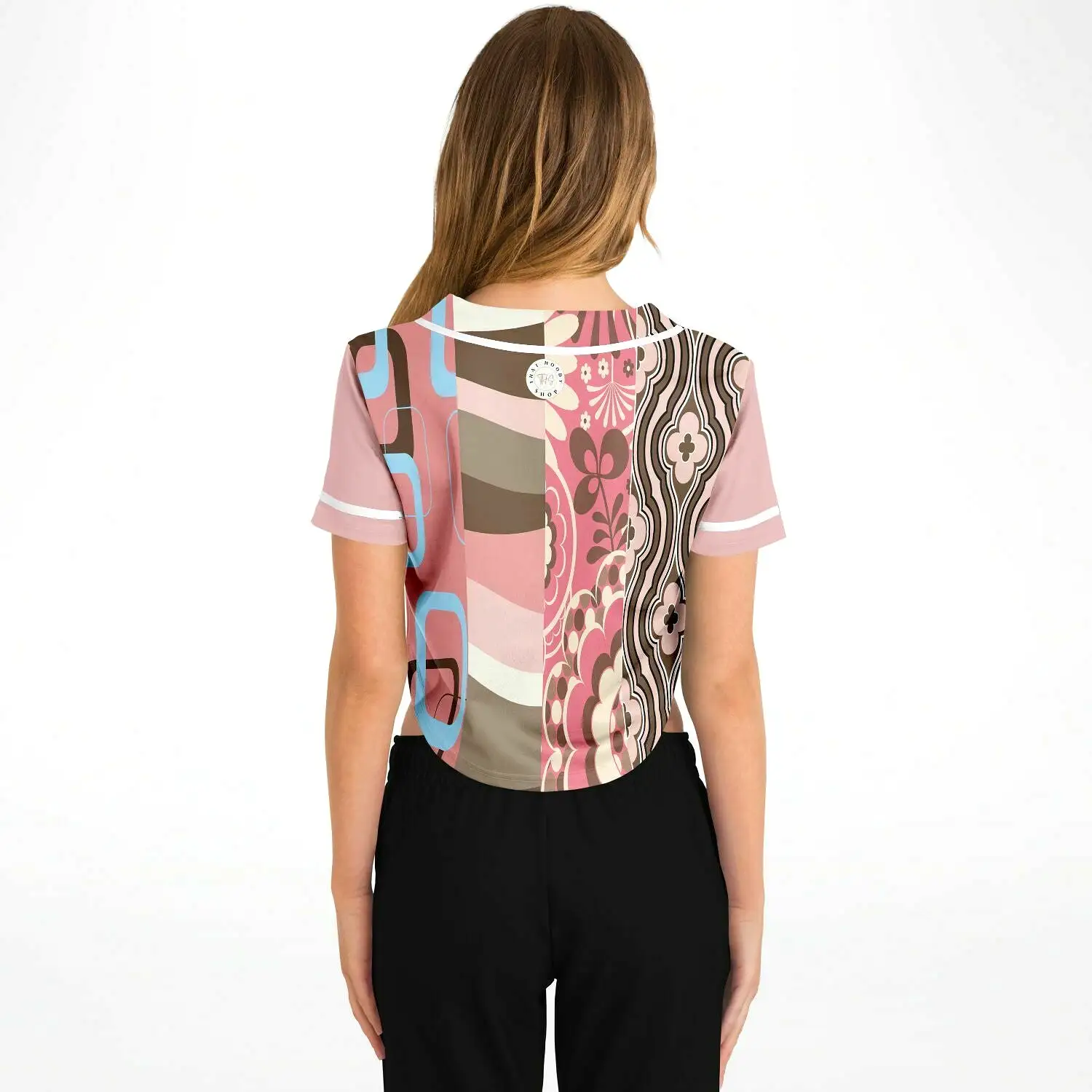 Pink Geo Patchwork Cropped Button Front Jersey