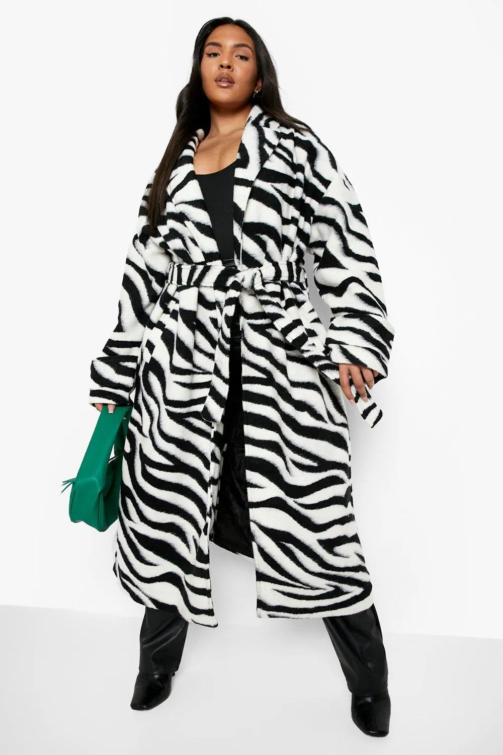 Plus Zebra Belted Wool Look Coat