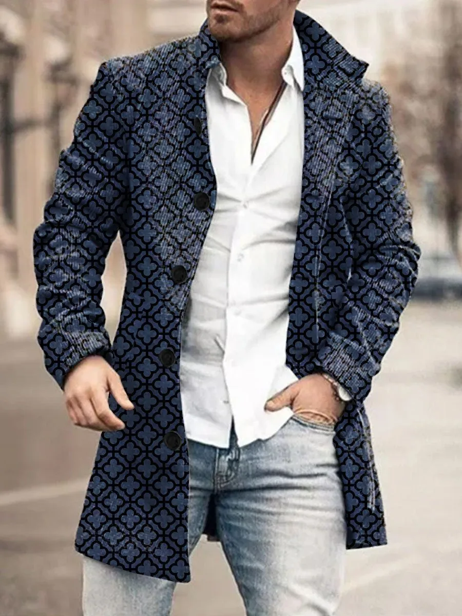 Retro Geometric Print Stand Collar Single Breasted Double Pocket Woolen Coat