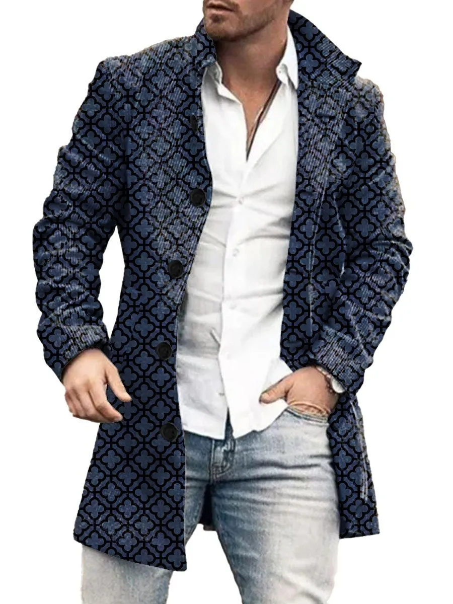 Retro Geometric Print Stand Collar Single Breasted Double Pocket Woolen Coat