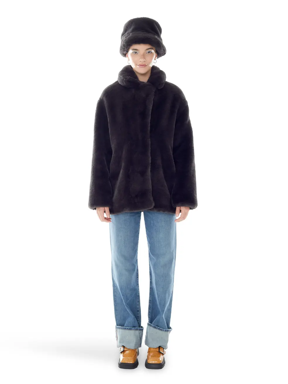 		Riley  Coal Black Faux Fur Coat	