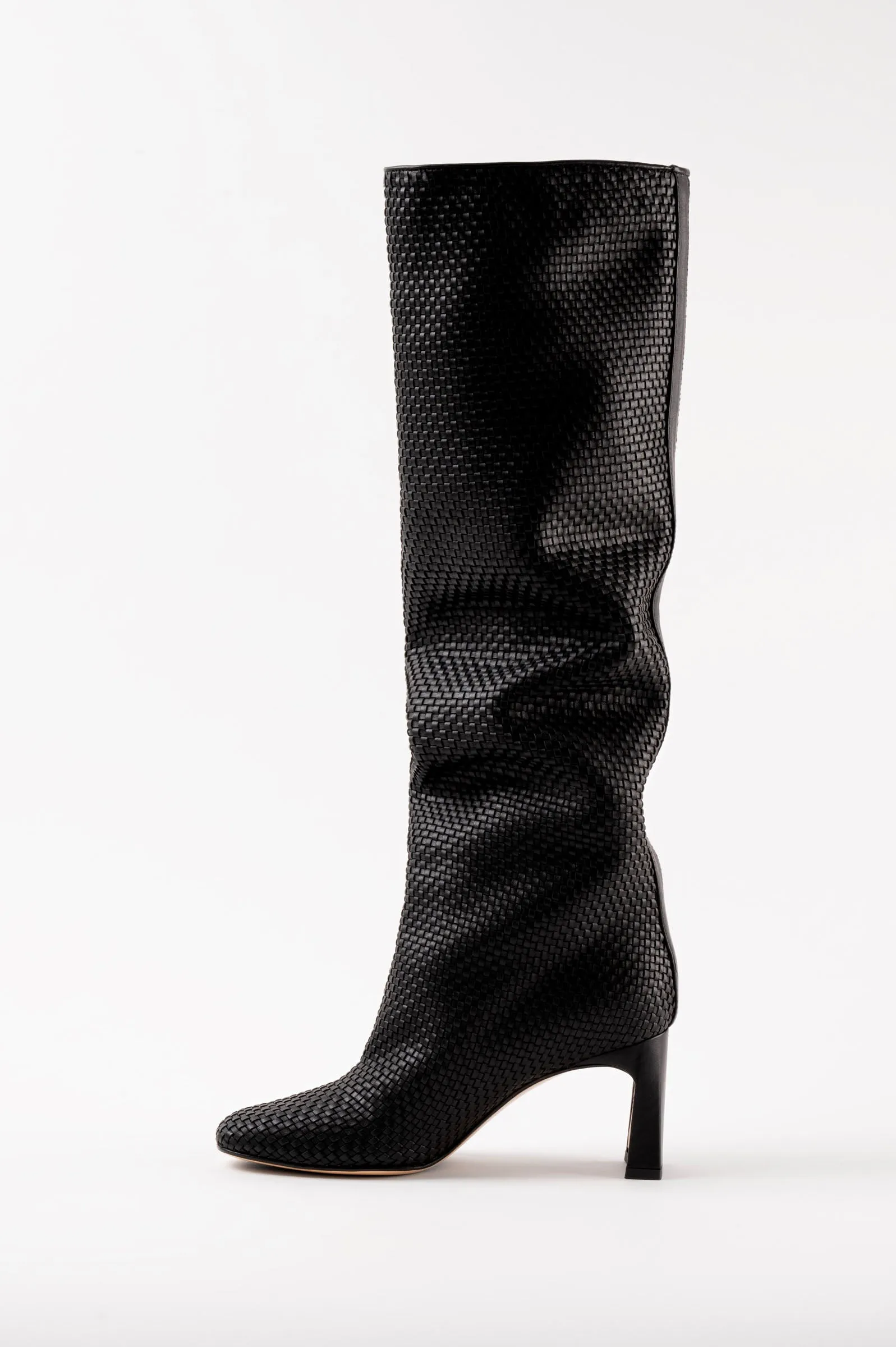 ROBERTA - Black Woven Leather Knee-High Boots