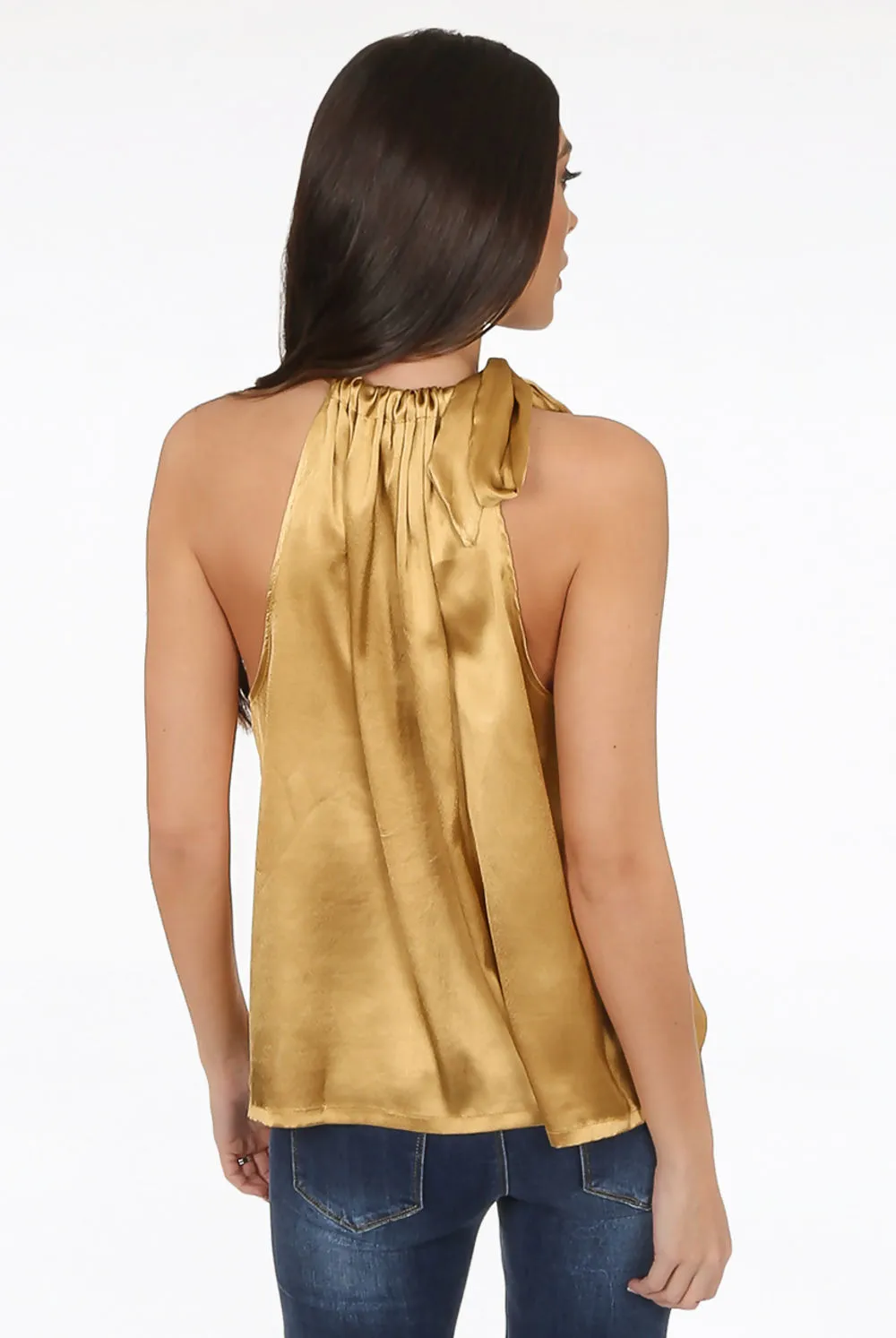 Satin Tie Neck Sleeveless Blouse In Gold