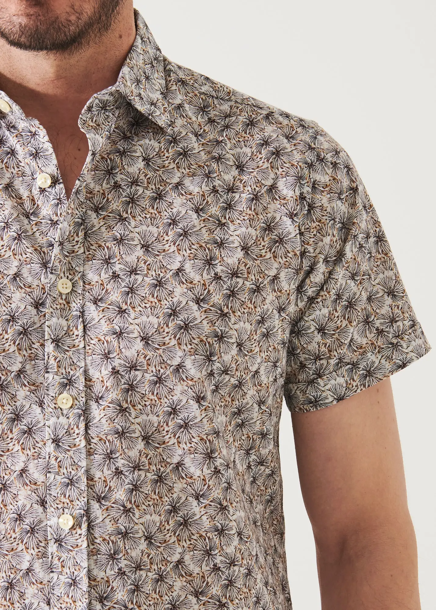 SHORT SLEEVE LEAF PRINT COTTON BUTTON UP