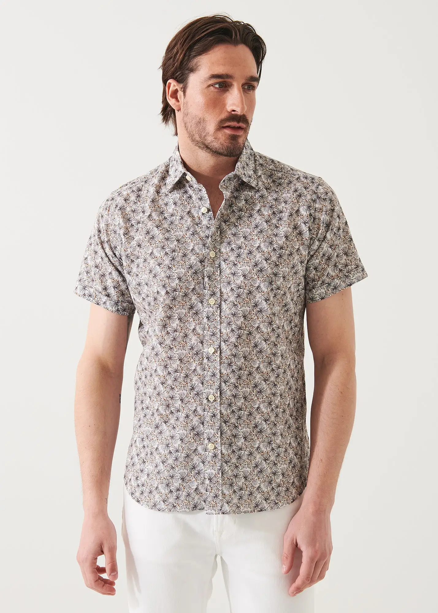 SHORT SLEEVE LEAF PRINT COTTON BUTTON UP