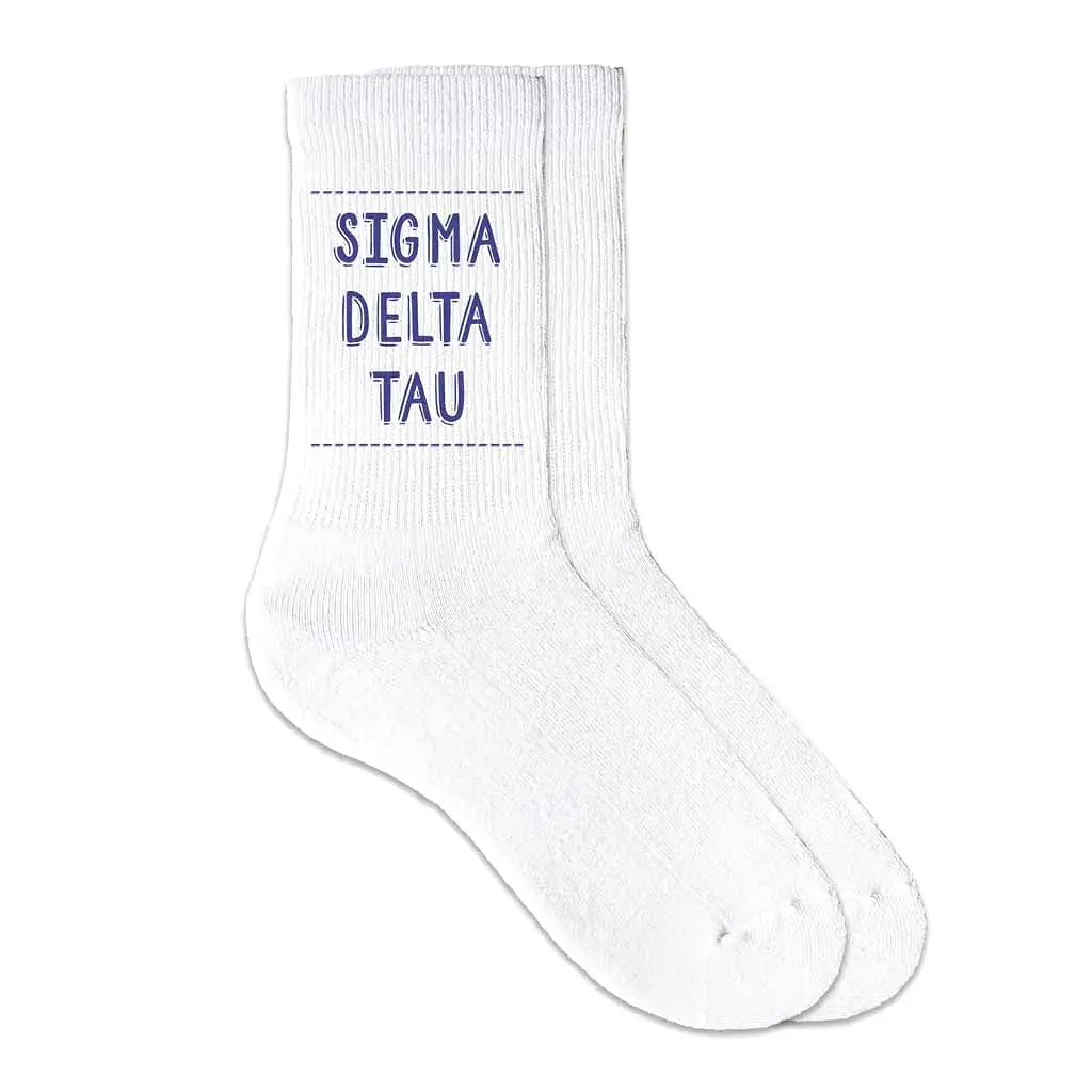 Sigma Delta Tau Crew Socks with Sigma Delta Tau Name in Sorority Colors