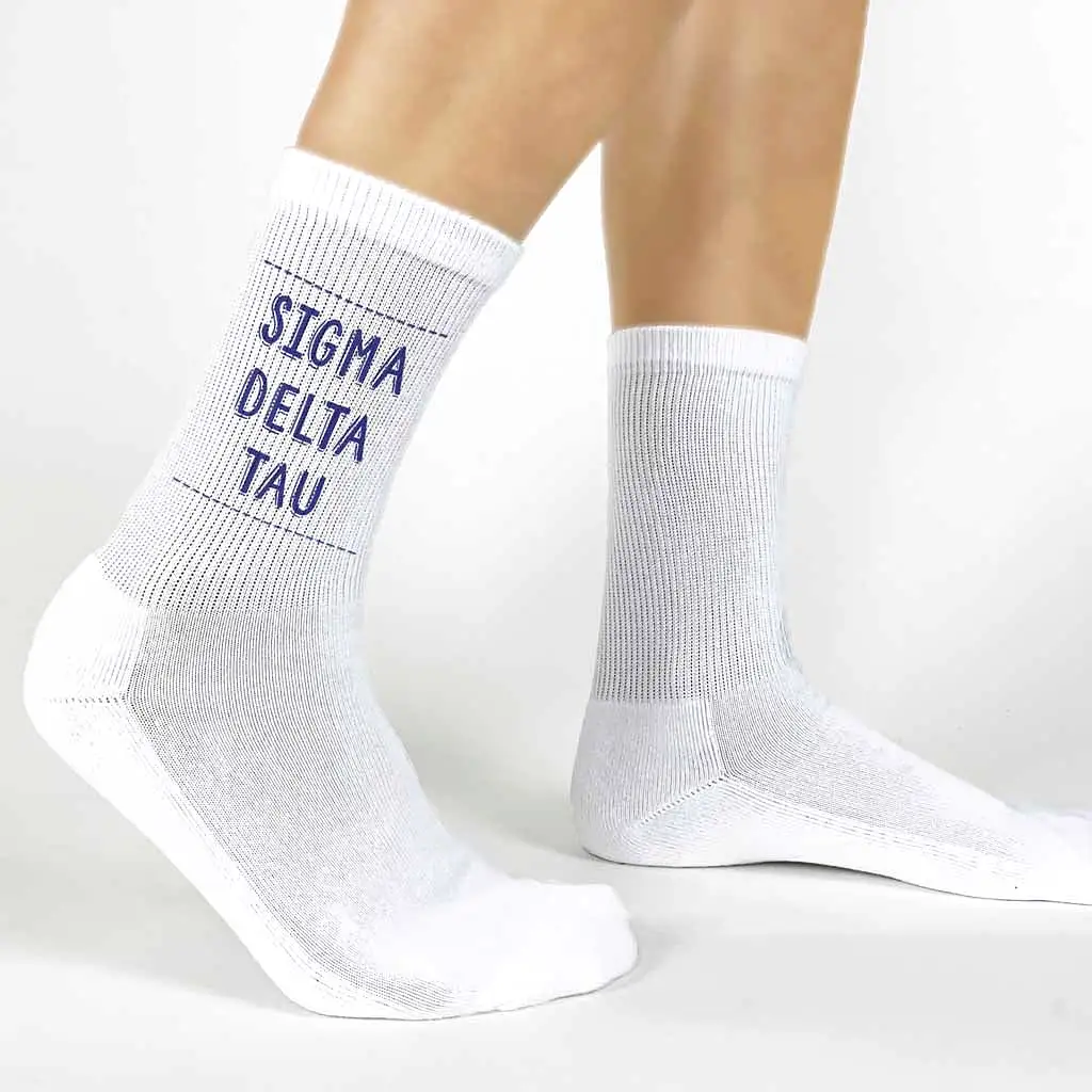 Sigma Delta Tau Crew Socks with Sigma Delta Tau Name in Sorority Colors