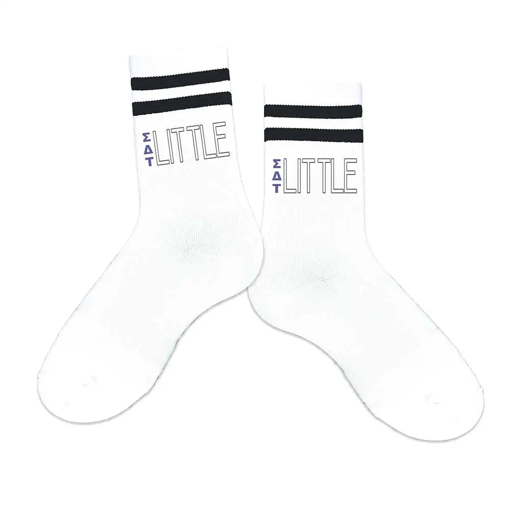 Sigma Delta Tau Sorority Socks for your Big and Little with Greek Letters on Striped Cotton Crew Socks