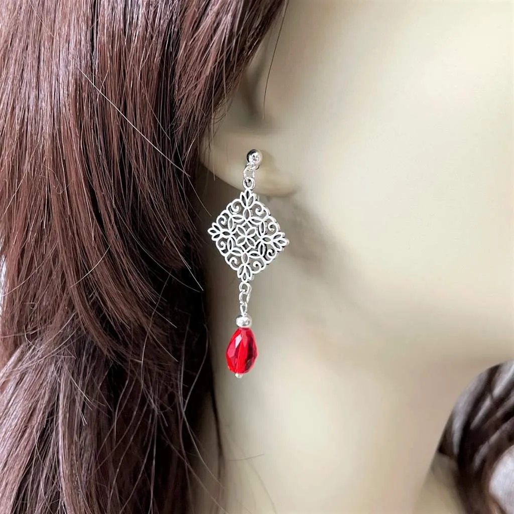 Silver Diamond with Red Crystal Drop Post Earrings