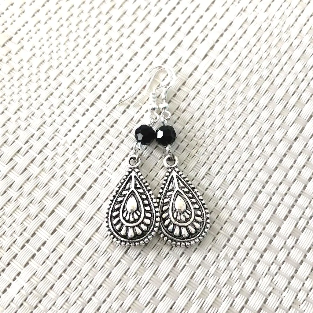 Silver Teardrop and Black Crystal Drop Earrings