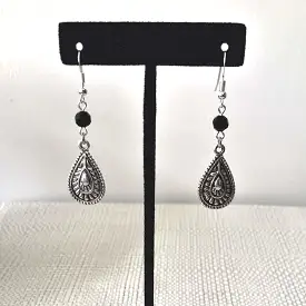 Silver Teardrop and Black Crystal Drop Earrings