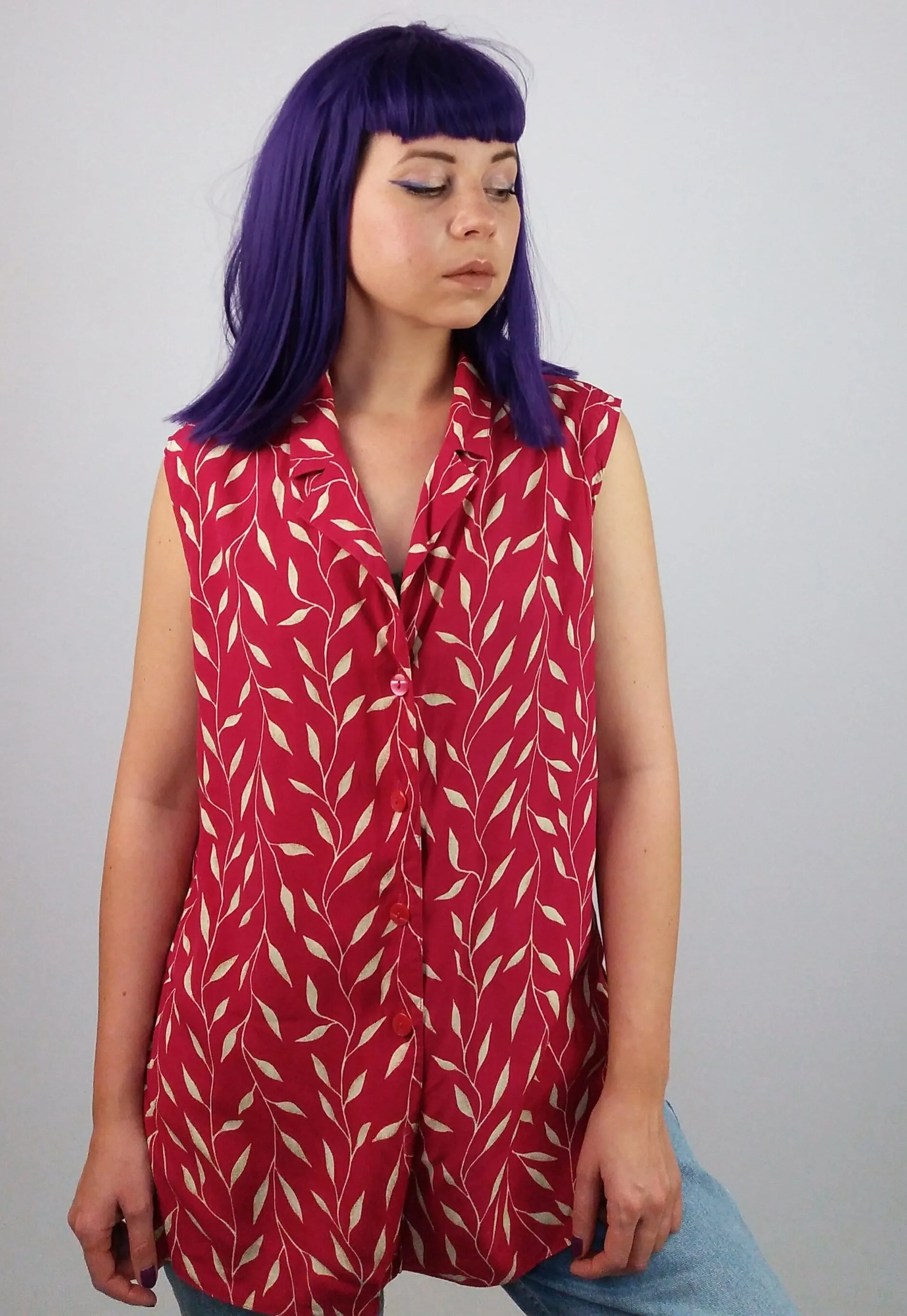 Sleeveless Blouse Leaves Print - size L