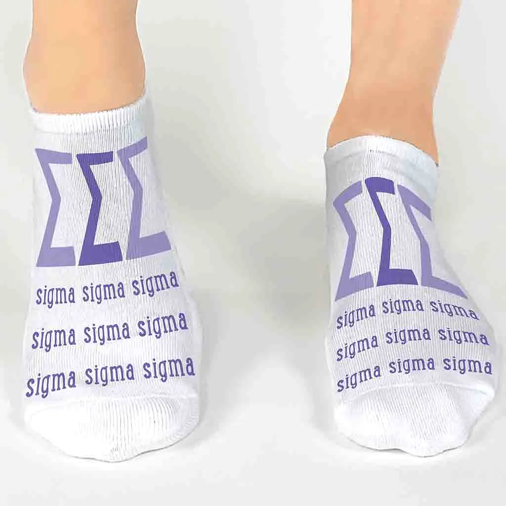 Tri Sigma Sorority Socks with Large Greek Letters, Printed on No Show Socks