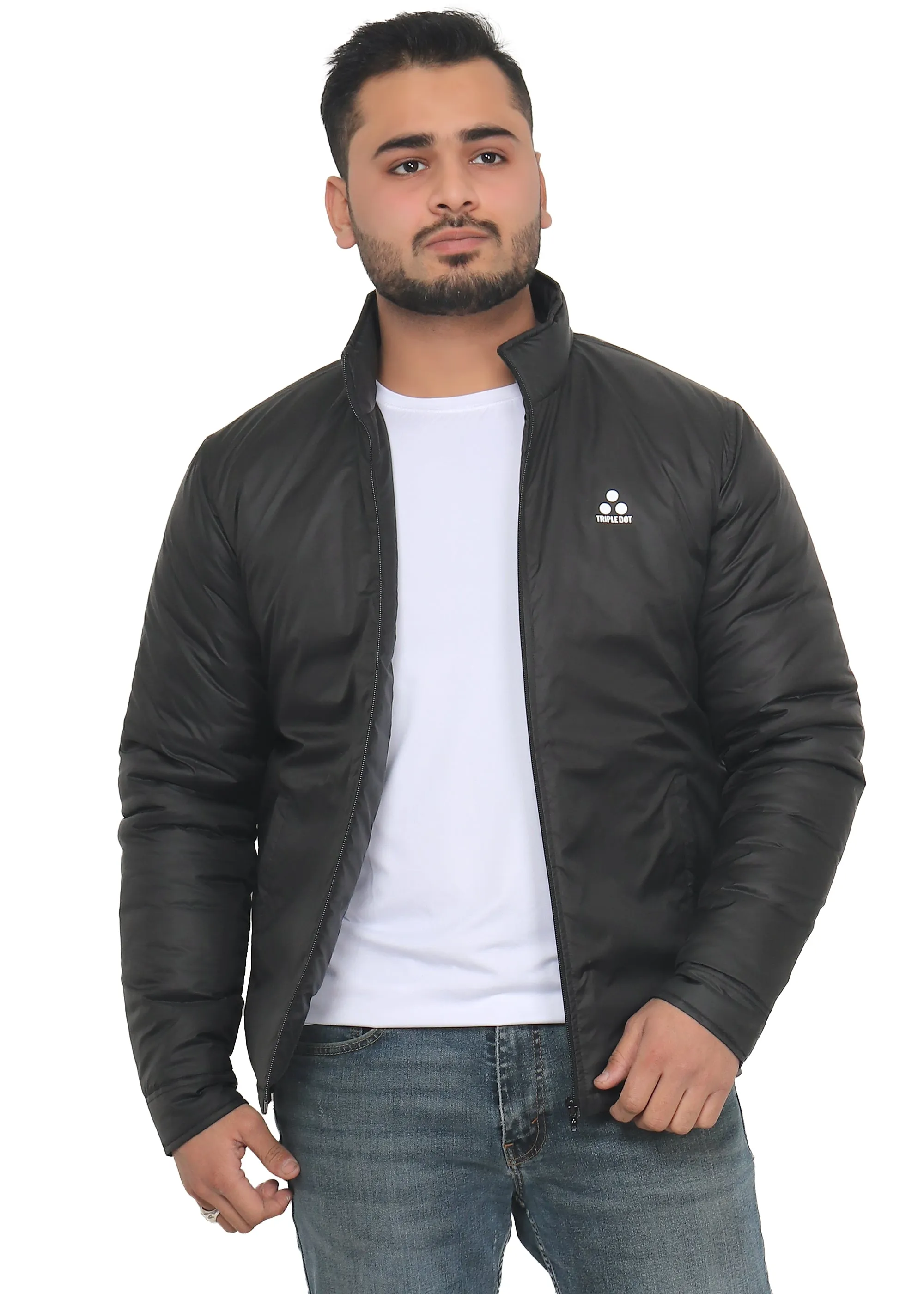 Triple Dot Solid Black Bomber Winter Jackets for Men's