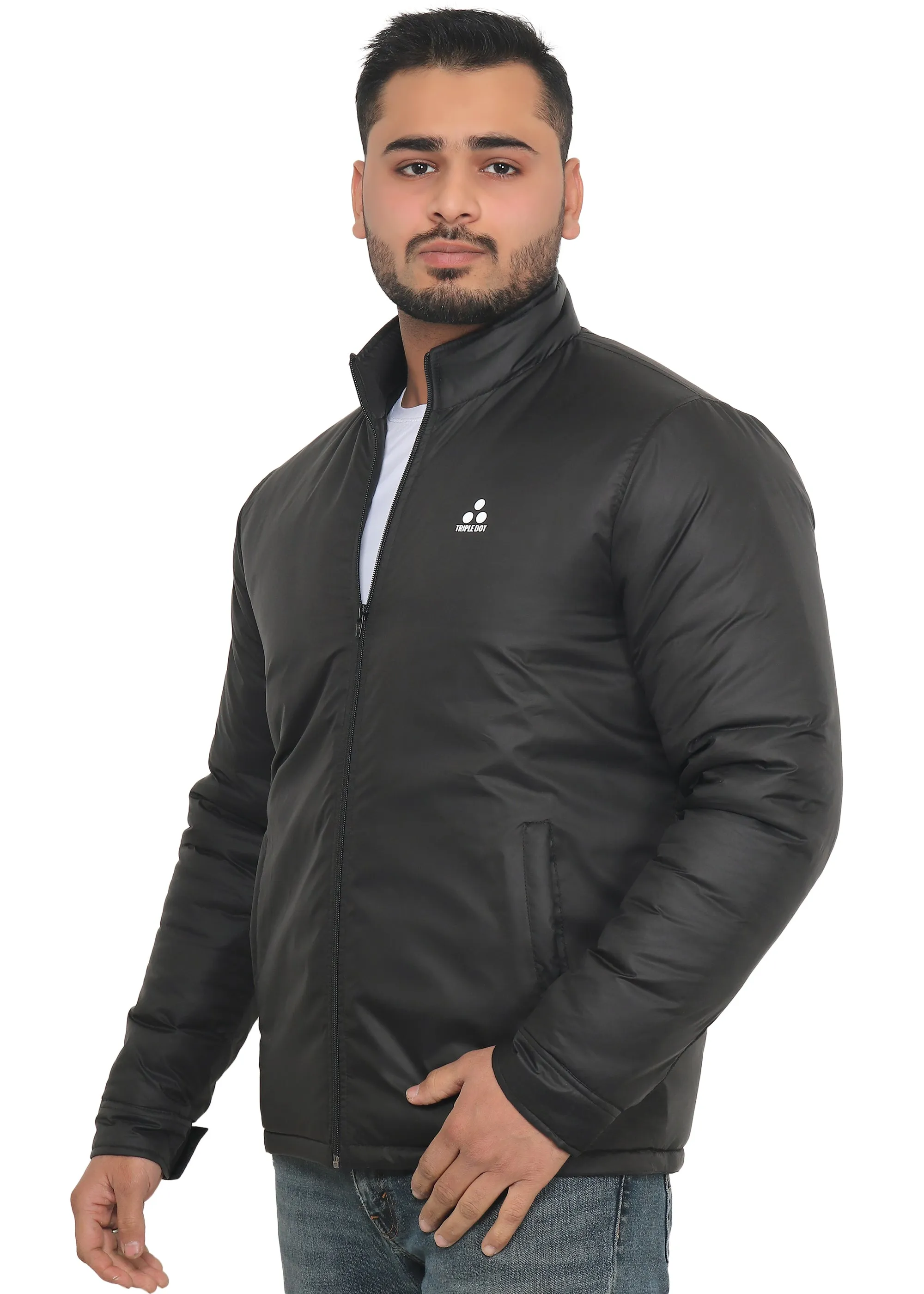 Triple Dot Solid Black Bomber Winter Jackets for Men's