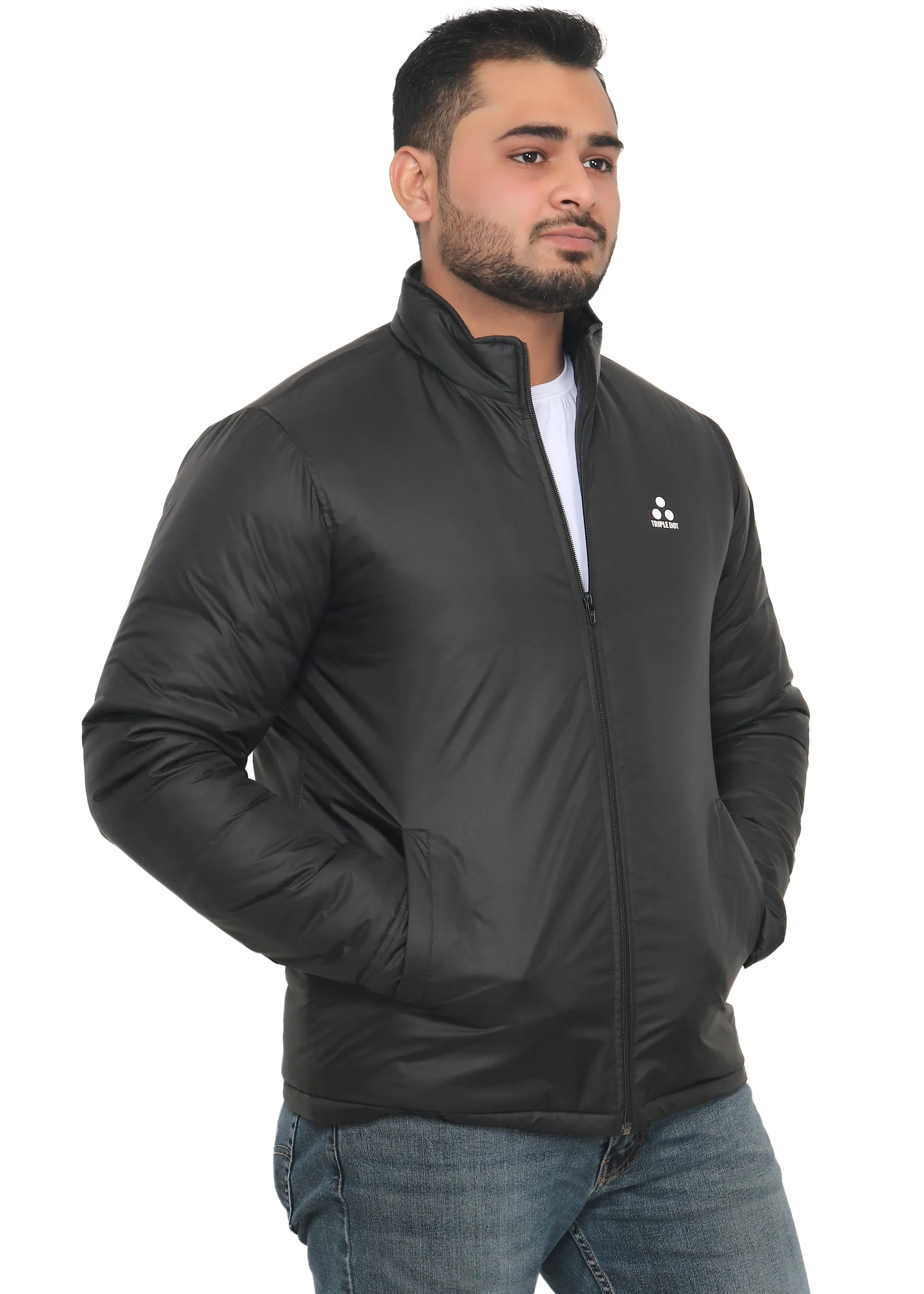 Triple Dot Solid Black Bomber Winter Jackets for Men's