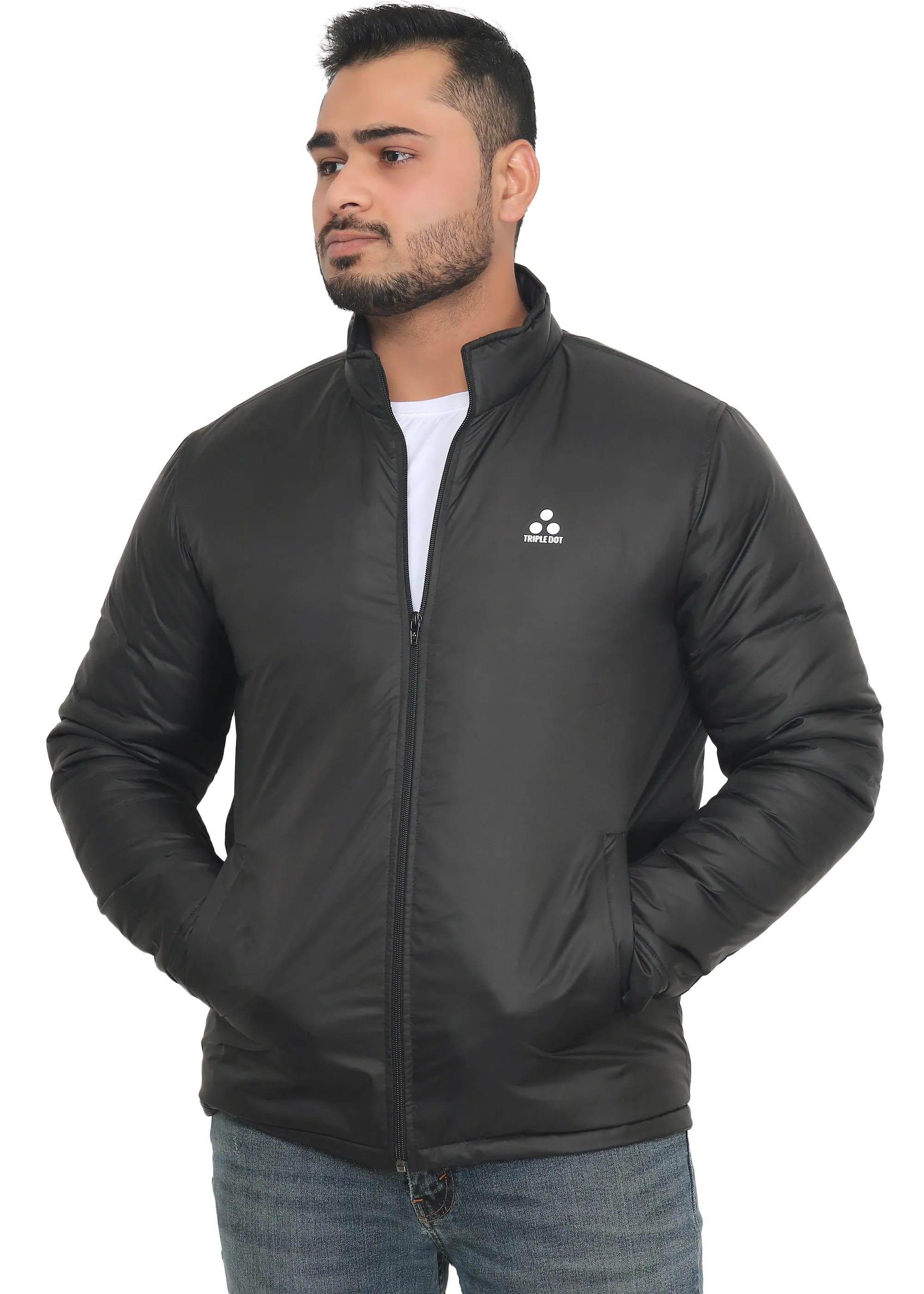 Triple Dot Solid Black Bomber Winter Jackets for Men's