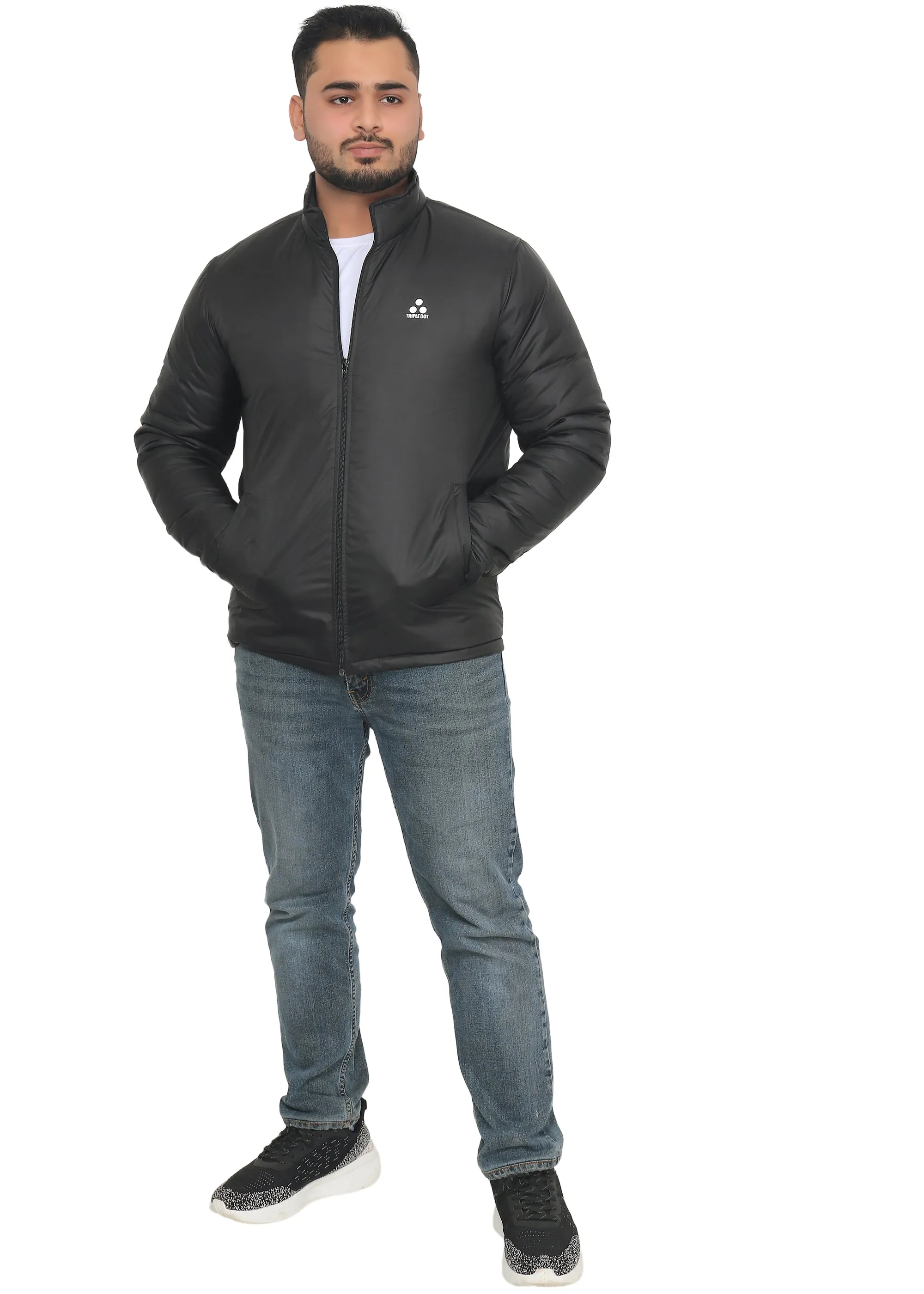 Triple Dot Solid Black Bomber Winter Jackets for Men's