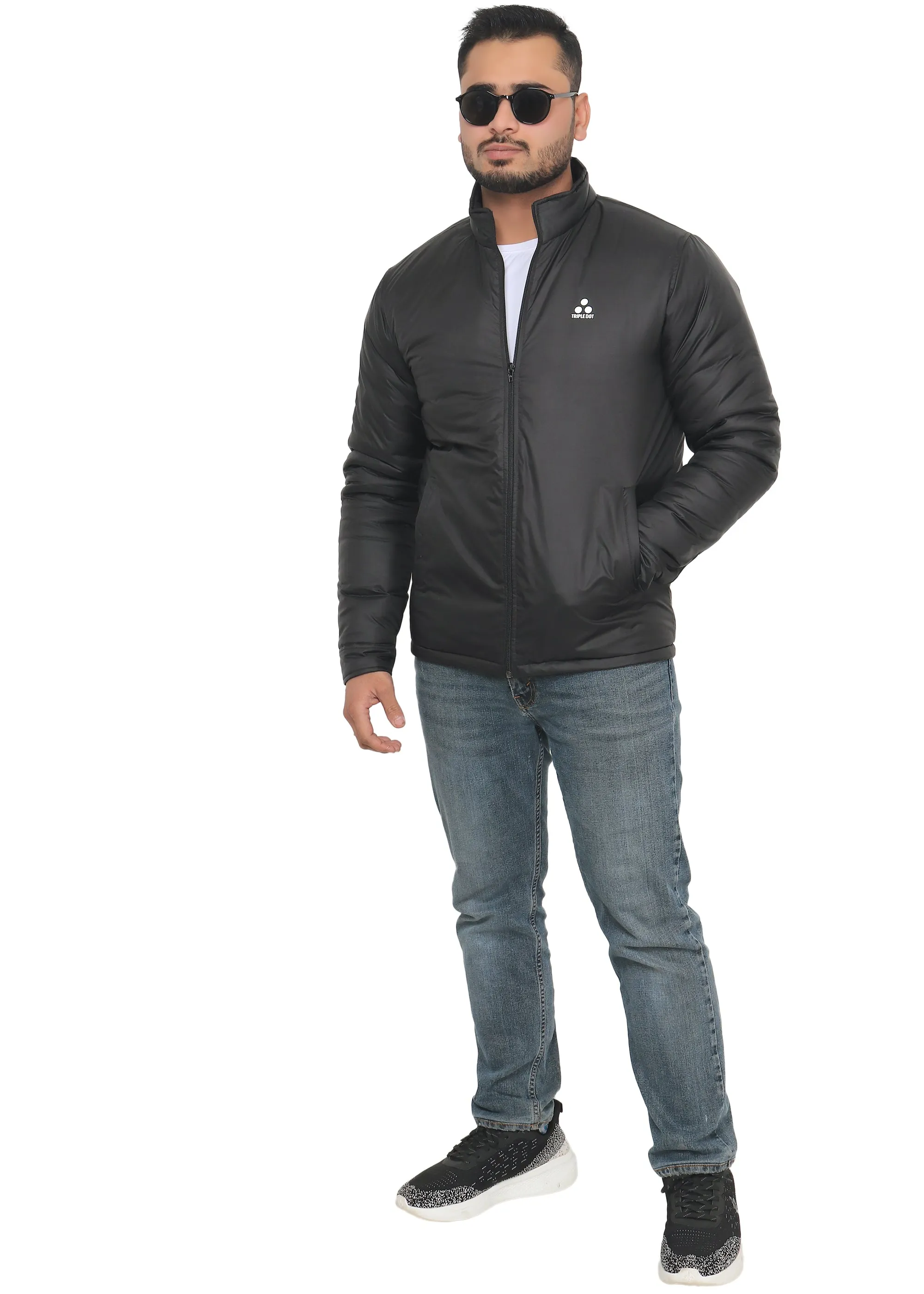 Triple Dot Solid Black Bomber Winter Jackets for Men's