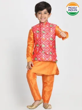 Vastramay Boys' Ethnic Print Nehru Jacket, Orange Kurta And Pyjama Set