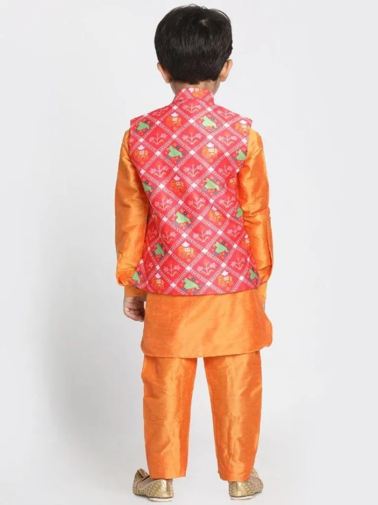 Vastramay Boys' Ethnic Print Nehru Jacket, Orange Kurta And Pyjama Set