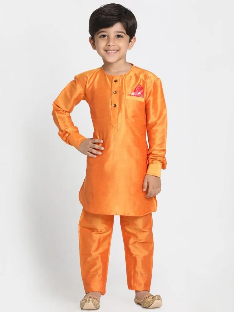 Vastramay Boys' Ethnic Print Nehru Jacket, Orange Kurta And Pyjama Set