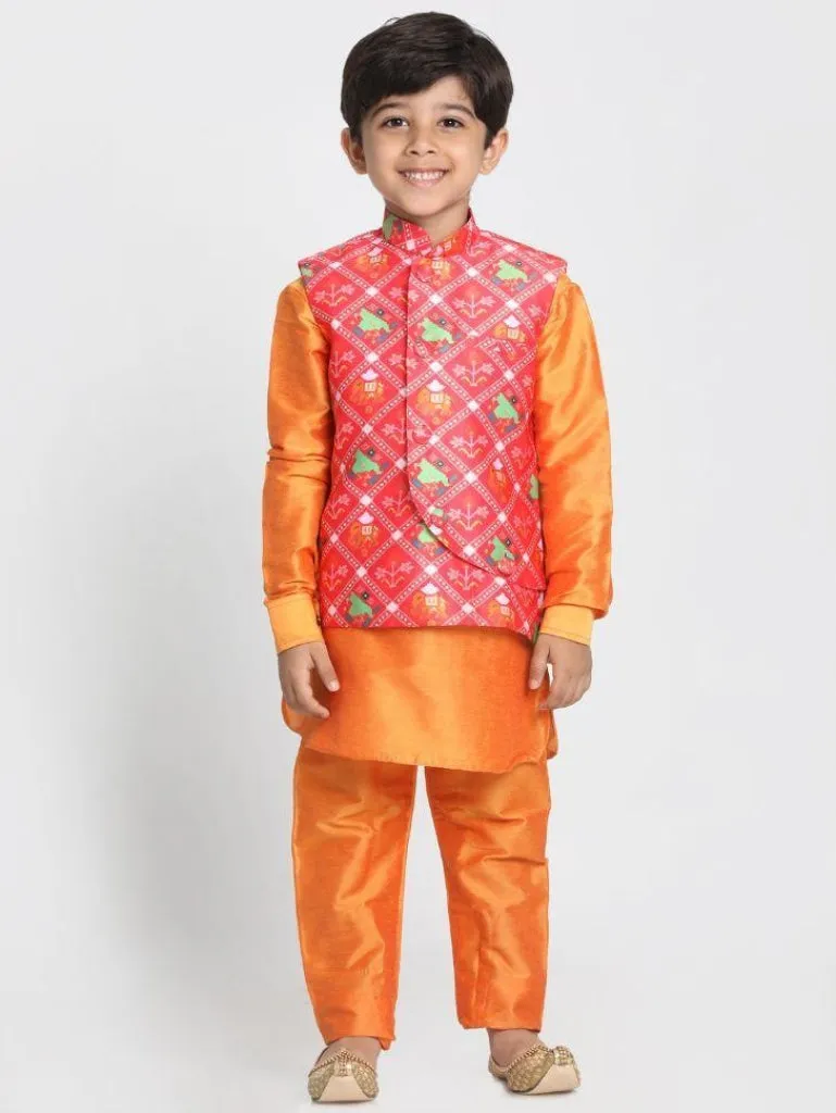 Vastramay Boys' Ethnic Print Nehru Jacket, Orange Kurta And Pyjama Set