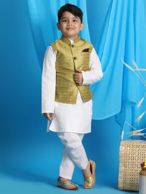 Vastramay Boys Yellow Woven Design Nehru Jacket With White Kurta And Pyjama Set