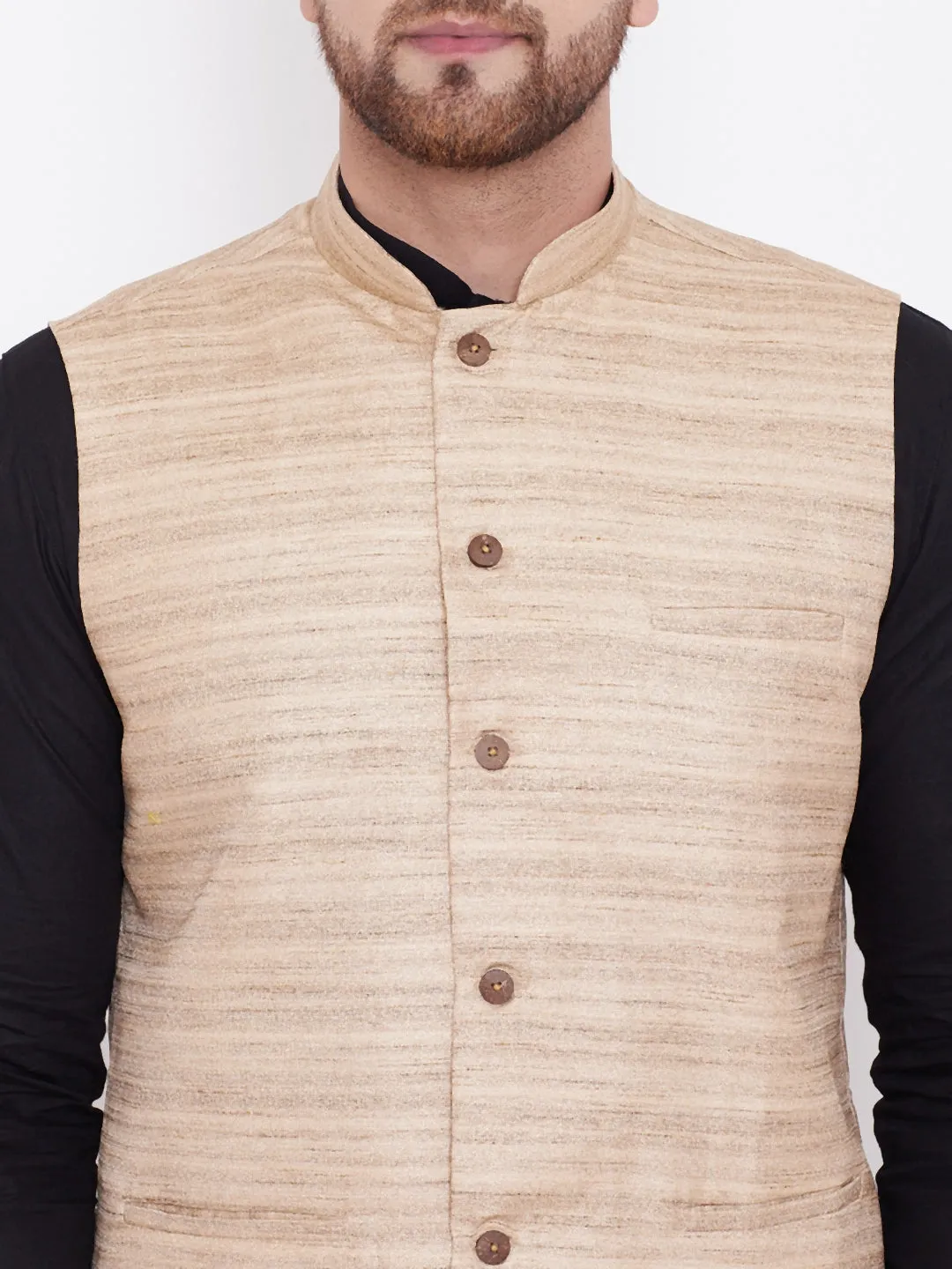 VASTRAMAY Men's Beige, Black And White Cotton Blend Jacket, Kurta and Pyjama Set