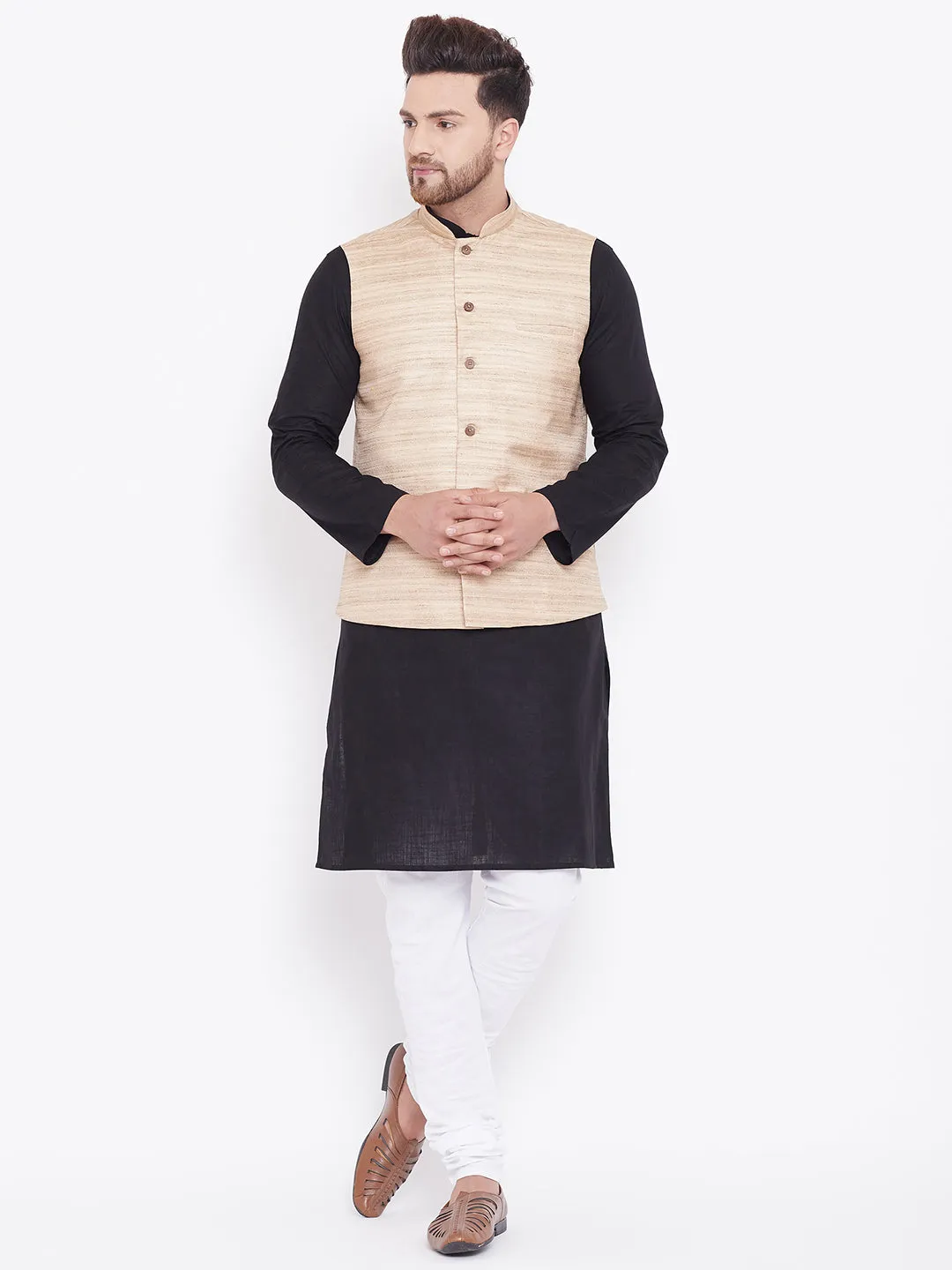 VASTRAMAY Men's Beige, Black And White Cotton Blend Jacket, Kurta and Pyjama Set