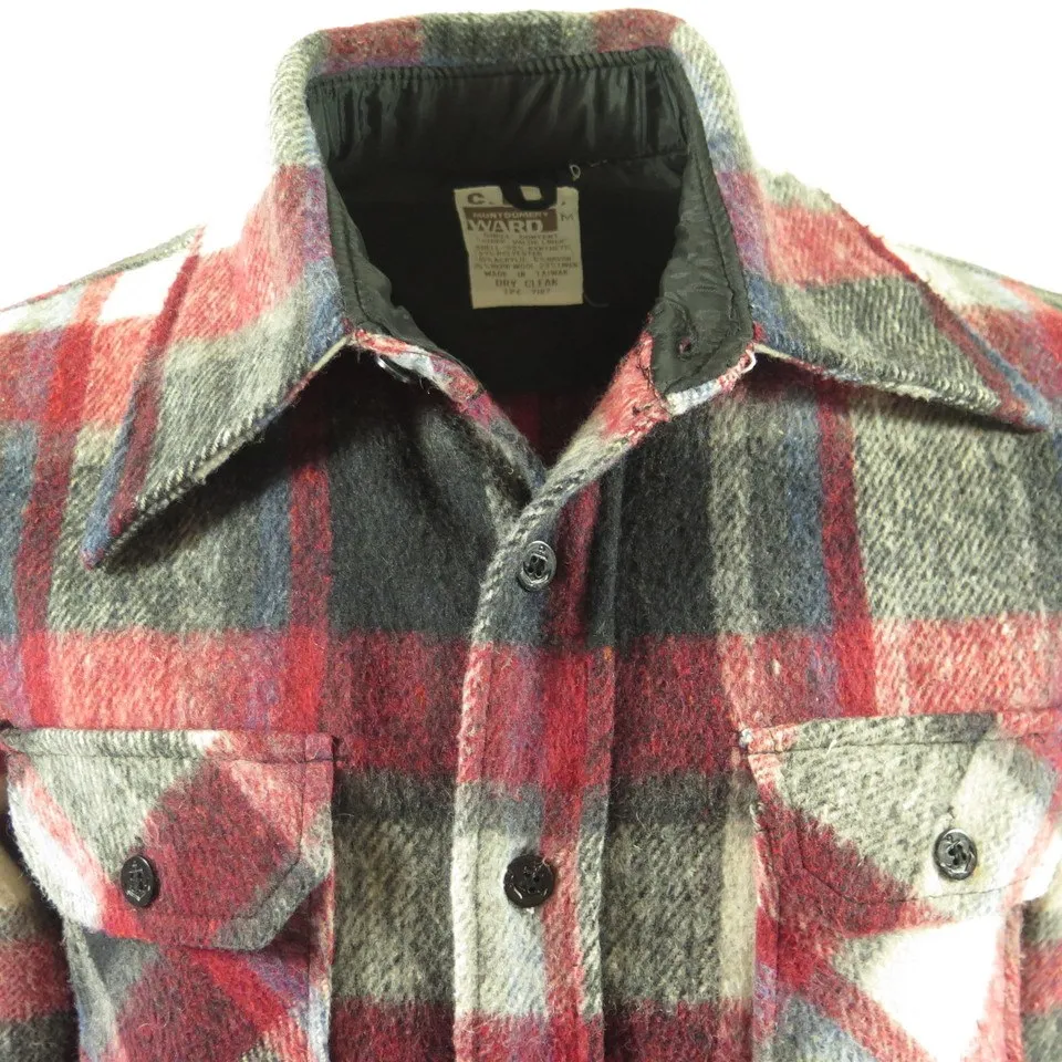 Vintage 70s Flannel CPO Shirt Medium Plaid Wide Collar Montgomery Ward Deadstock