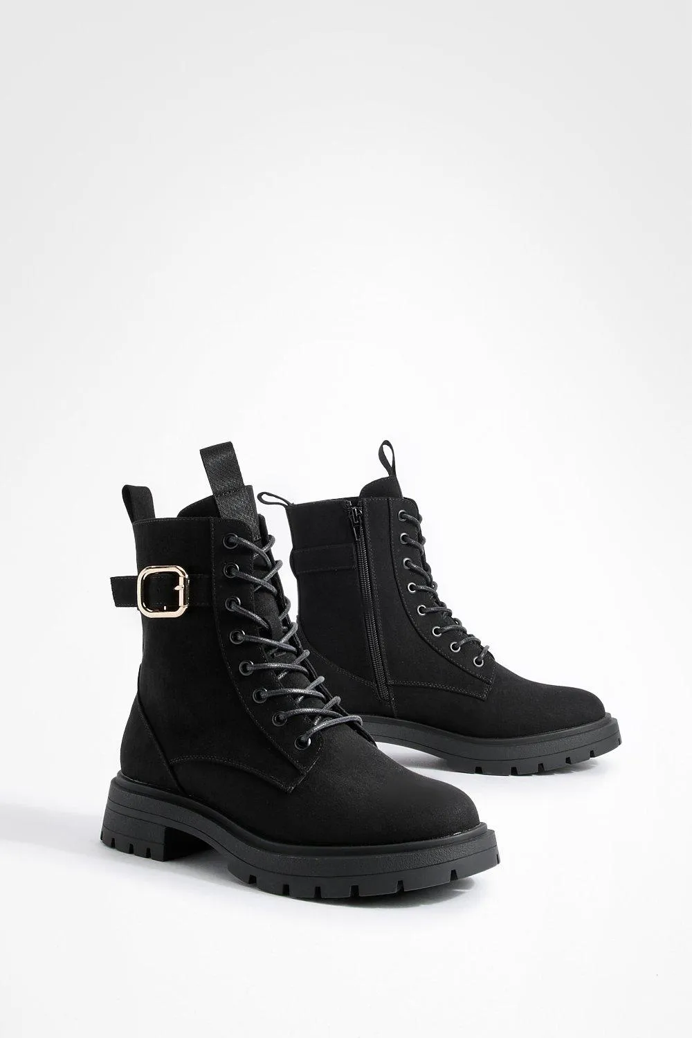 Wide Width Buckle Detail Combat Boots