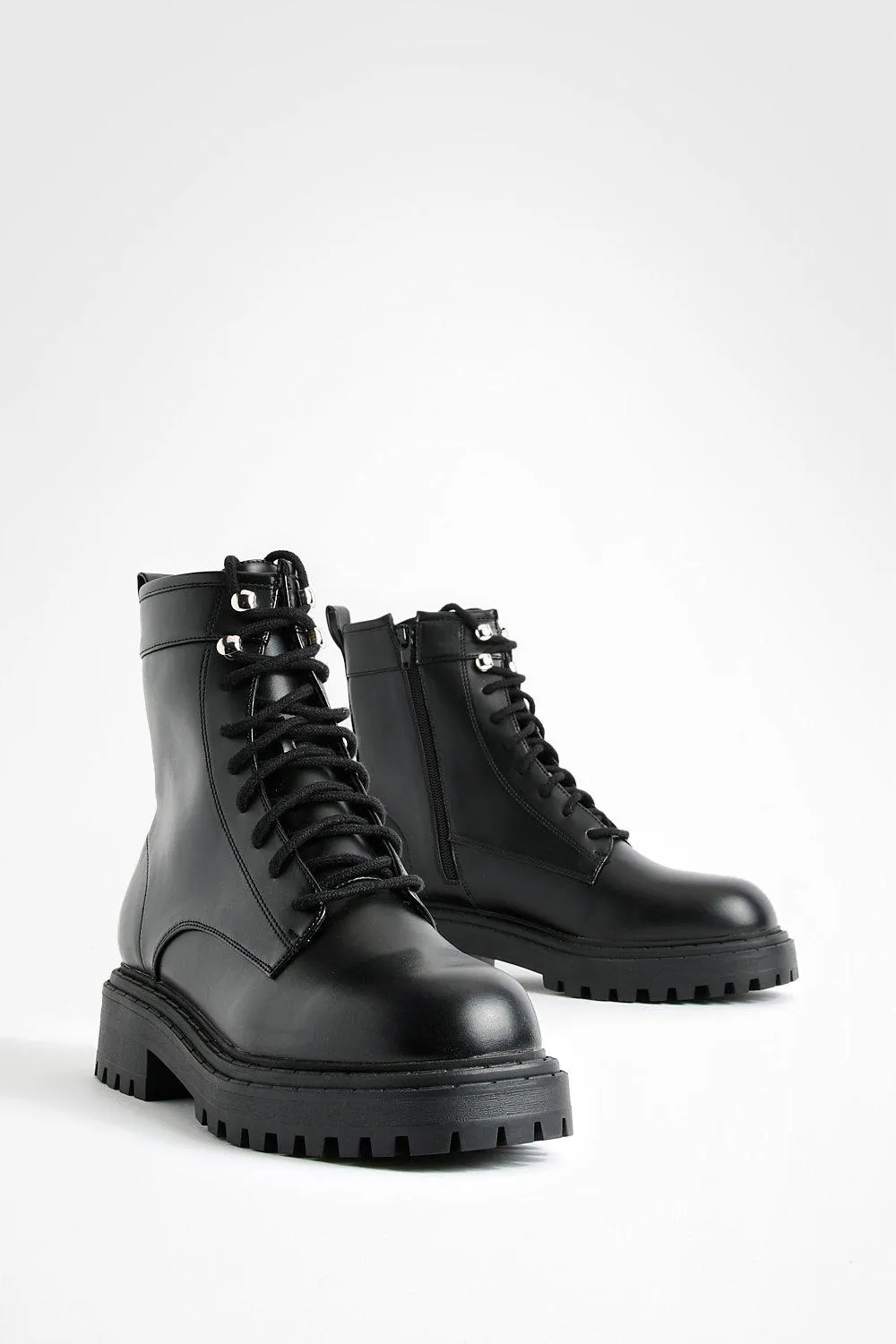 Wide Width Hook Detail Lace Up Combat Boots