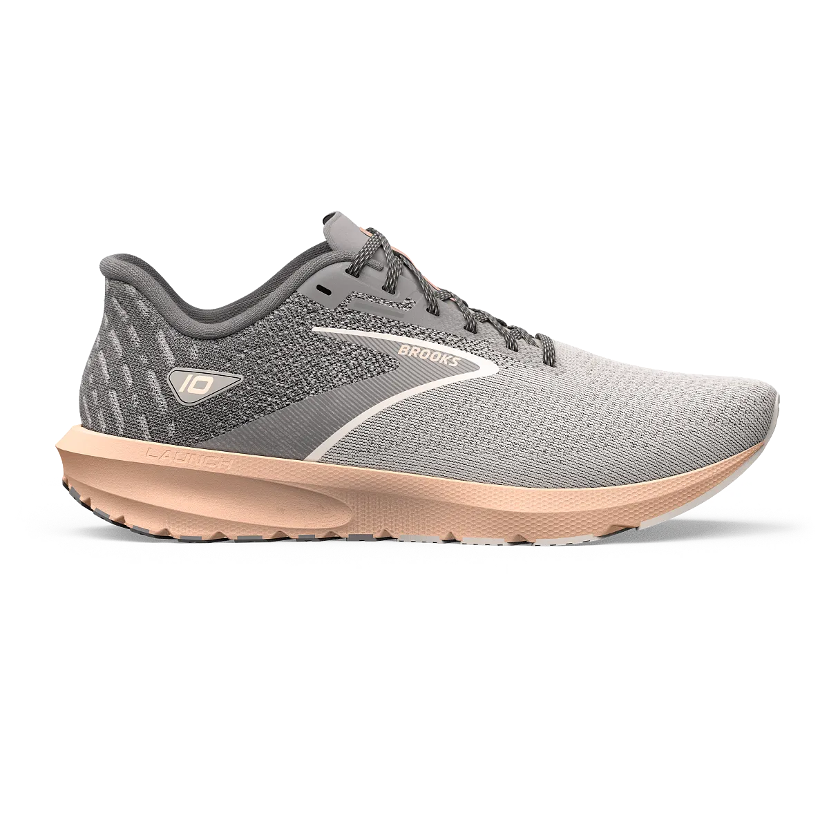 Women's Brooks Launch 10, Grey/Crystal Grey/Pale Peach, 8 B Medium