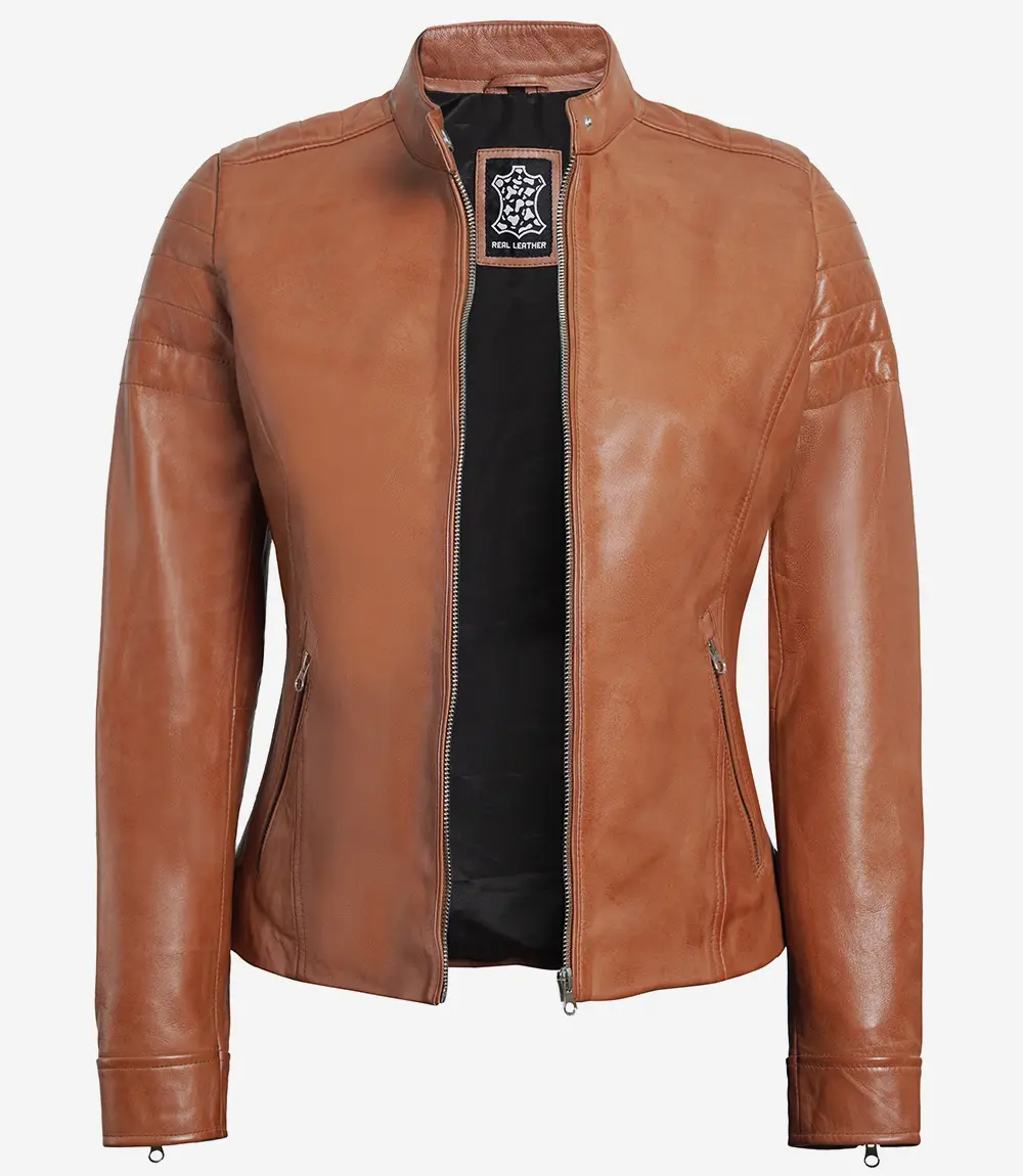 Womens Real Lambskin Leather Tan Biker Jacket