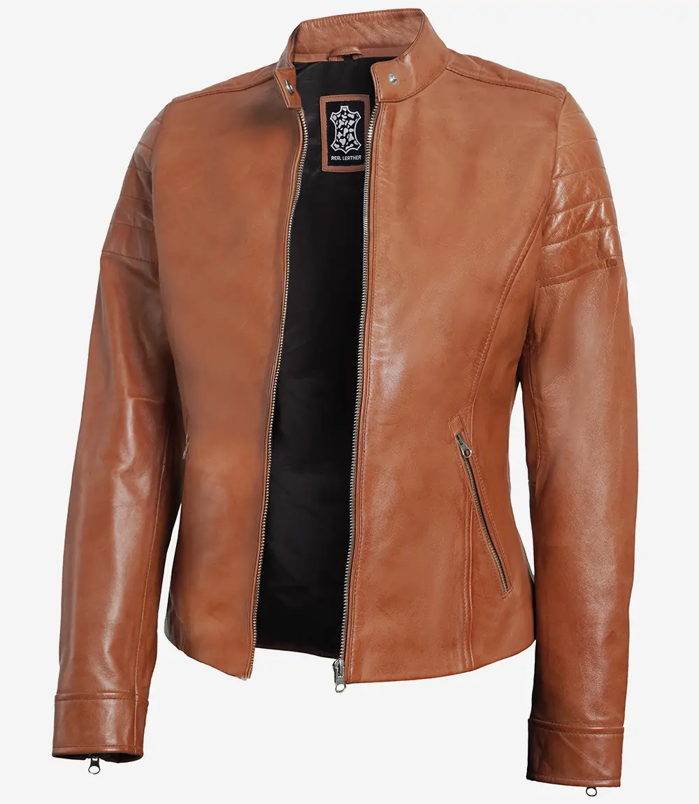 Womens Real Lambskin Leather Tan Biker Jacket