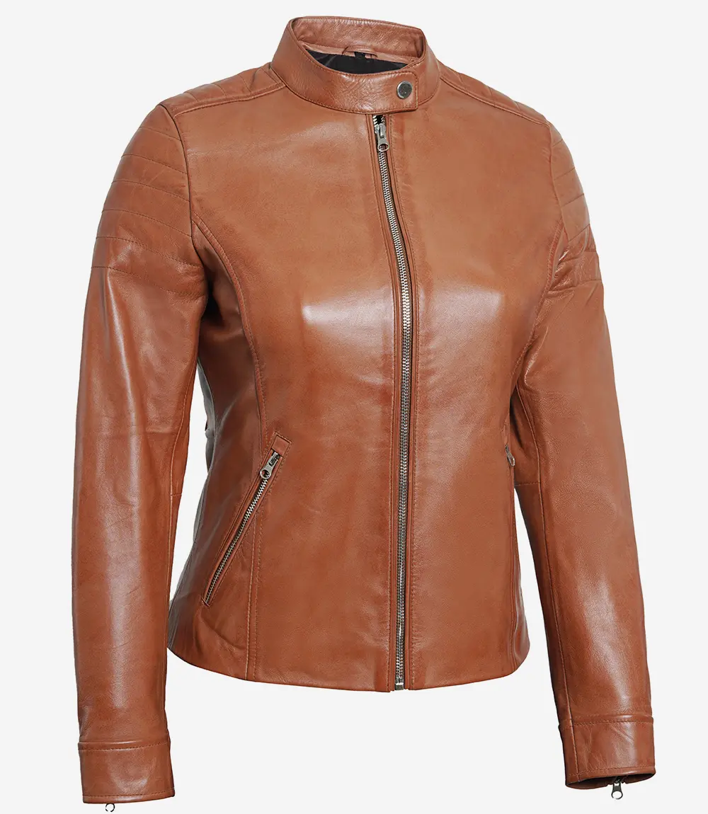 Womens Real Lambskin Leather Tan Biker Jacket